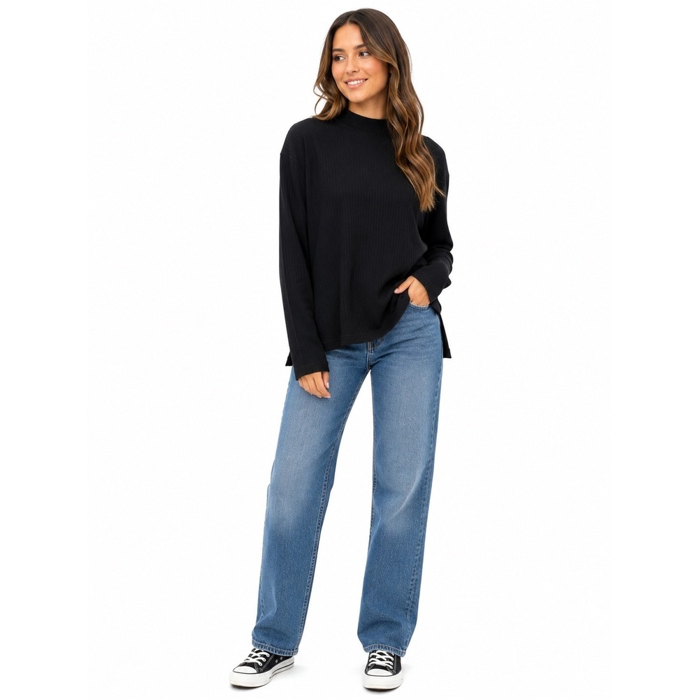 Dressbarn Ribbed Mock Neck Top Women 14/16 Black Long Sleeve Side Slit Basics
